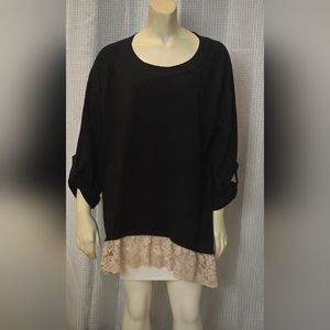 LOGO Lori Goldstein Top Womens XL Lace Ruffle Hem Adjustable Sleeve Black